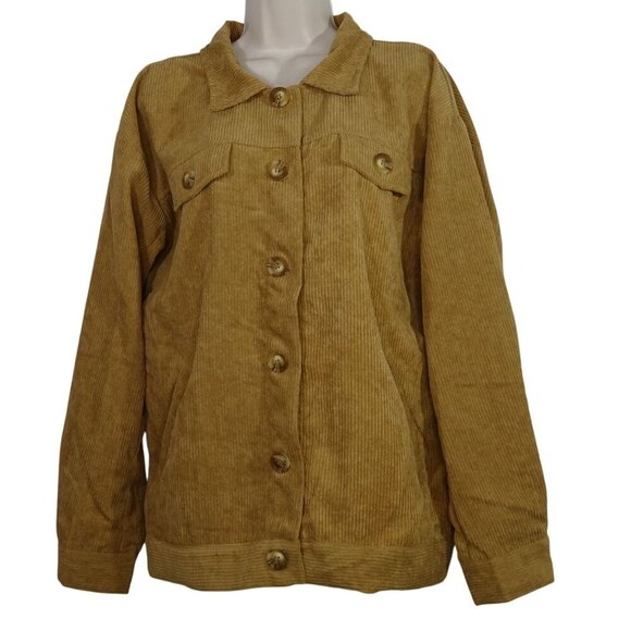 Corduroy Button Up Shirt Jacket Tan Women Size L Long Sleeve Pockets - Picture 1 of 11